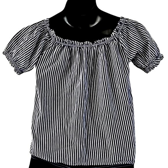 Excellent Active USA Blue White Striped Puff Sleeve Blouse Women’s Size Large - Picture 6 of 6